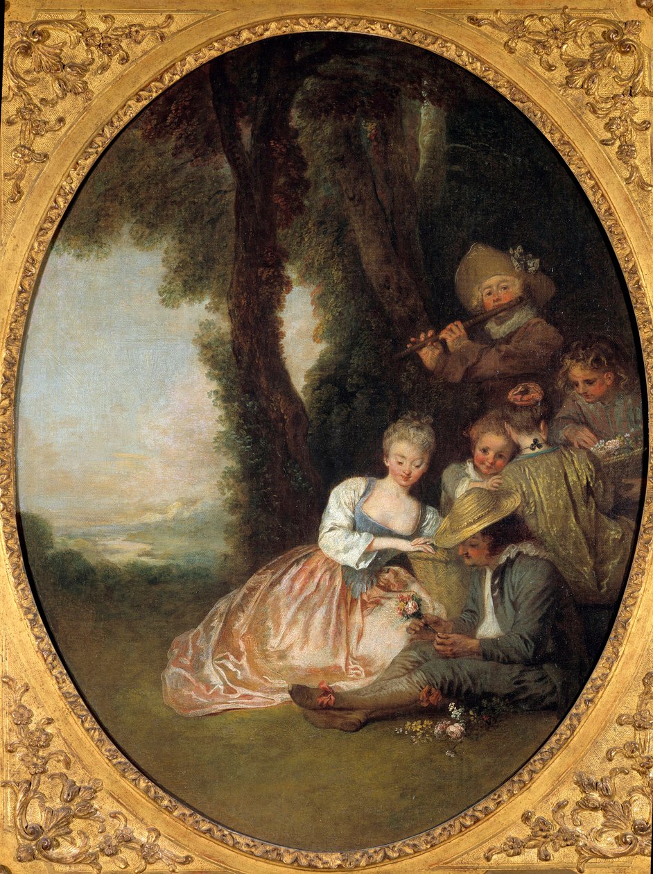 Ländliches Konzert oder „Die erwartete Erklärung“. Junges Liebespaar errötet von Jean Antoine Watteau
