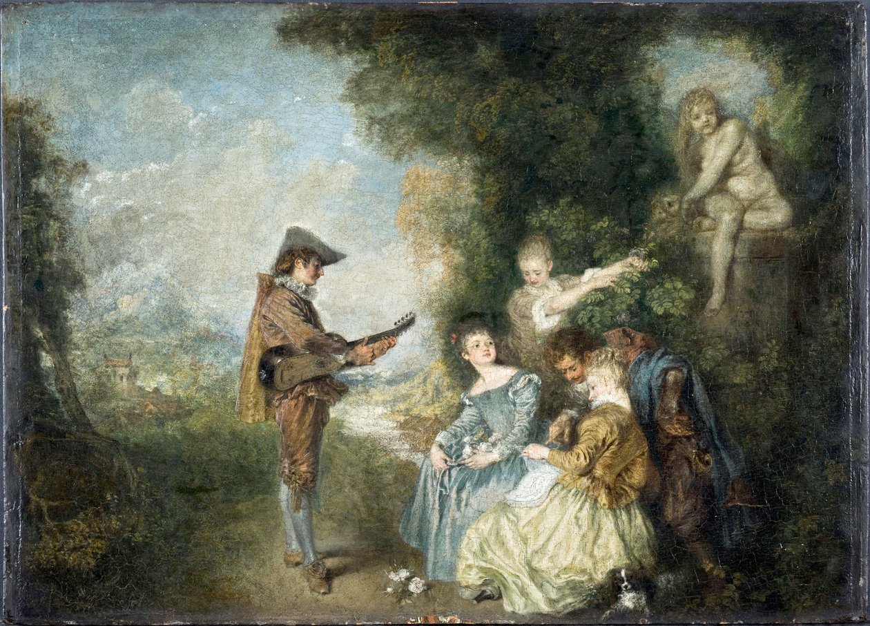 Die Liebeslektion (galante Szene in einem Garten mit Statue und Musiker) von Jean Antoine Watteau