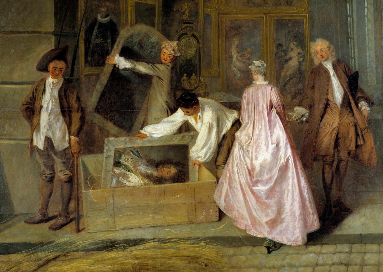 Paketvorbereitung. Linkes Detail des Zeichens von Gersaint. Männer packen Gemälde aus und legen sie in einen Koffer, um sie an Kunden zu senden, die die Werke gerade gekauft haben. von Jean Antoine Watteau