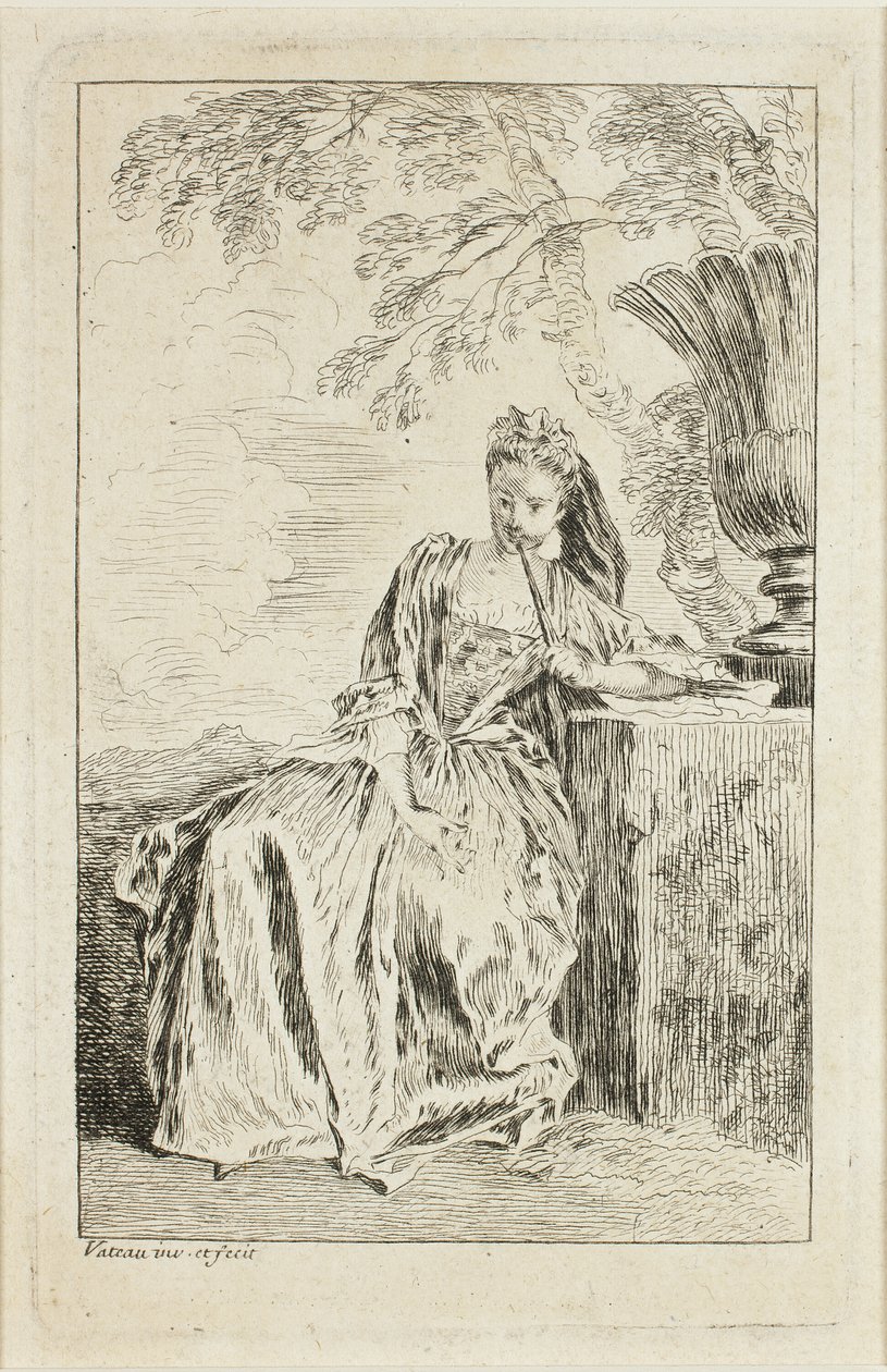 Sitzende Frau, die sich auf ein Podest lehnt von Jean Antoine Watteau
