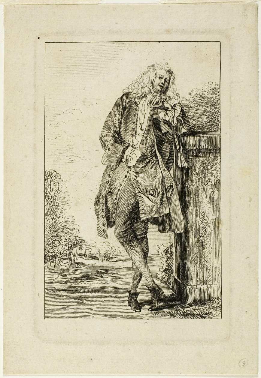 Stehender Mann, der sich auf seinen Ellbogen stützt von Jean Antoine Watteau