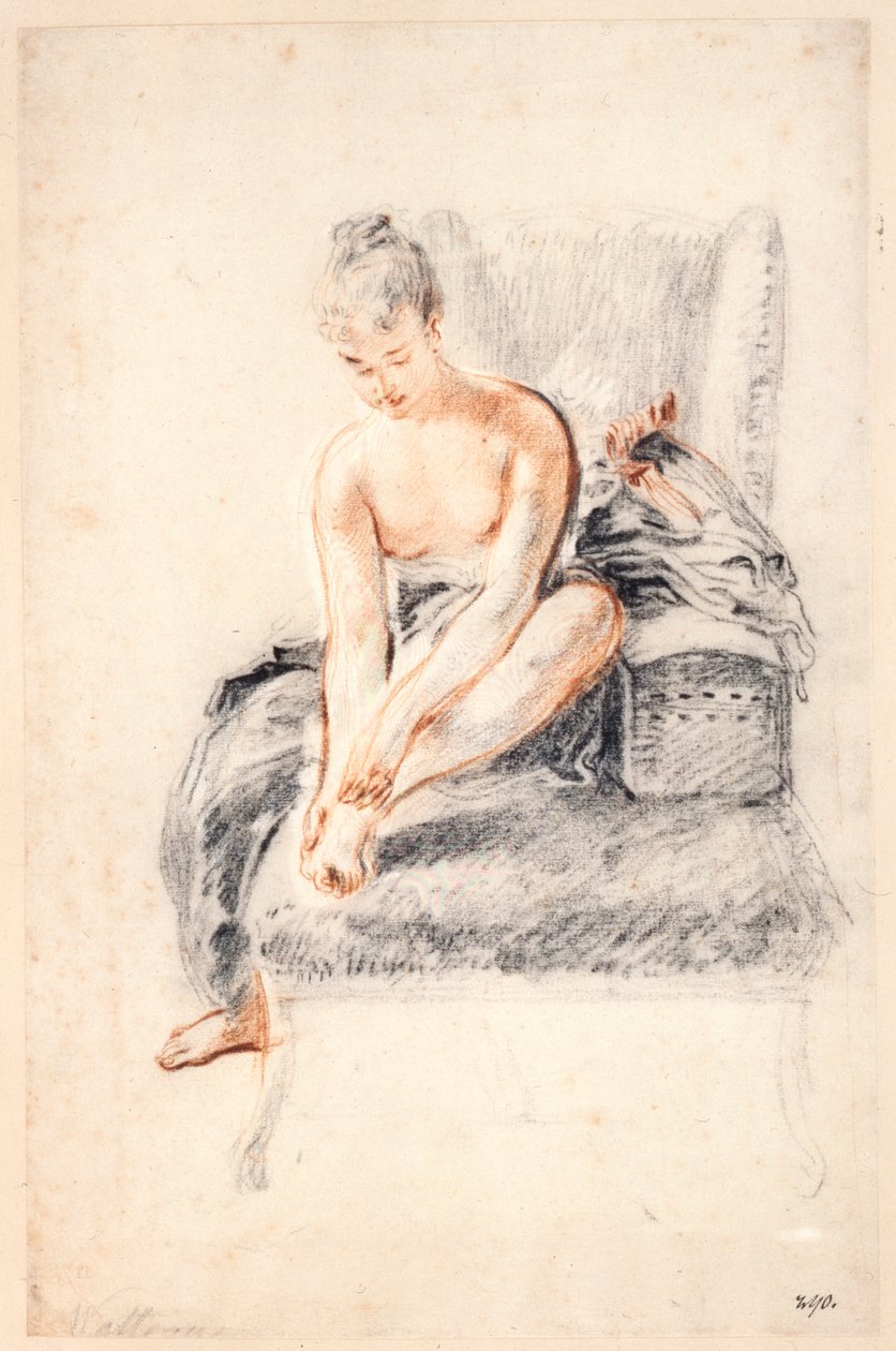 Junge Frau, nackt, hält einen Fuß in ihren Händen, 1716-18 von Jean Antoine Watteau