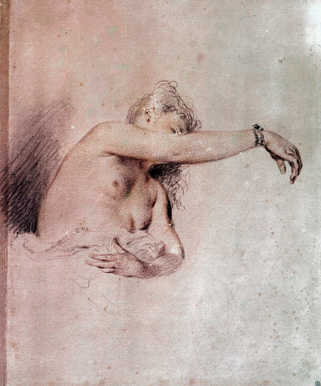 Nackte Frau, Arm erhoben (Zeichnung mit Rötel) von Jean Antoine Watteau