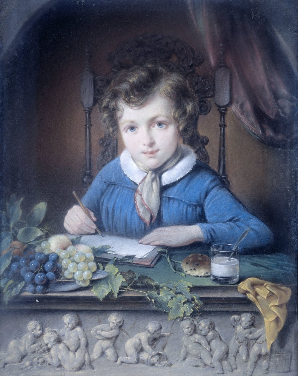 Porträt eines Jungen, sitzend in einer Fensternische und gekleidet in einer blauen Jacke von Jean Augustin Daiwaille (attributed to)