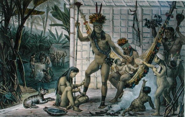Familie eines Camacan-Indianerhäuptlings bereitet sich auf ein Fest vor, Illustration aus 