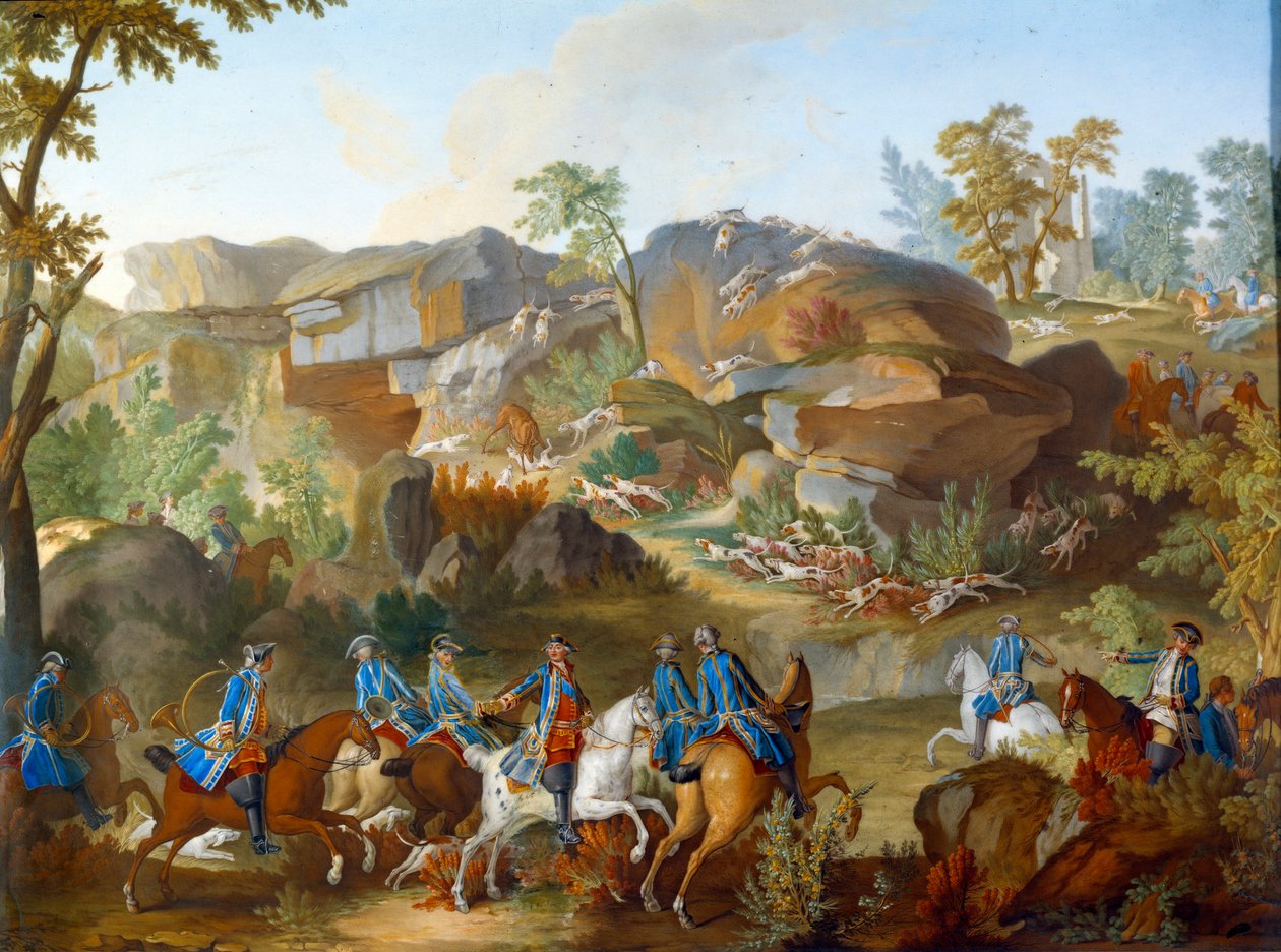 Plakette, die die Jagden von Ludwig XVI. darstellt: Der Hirsch, der sich in den Felsen von Frauchard im Wald von Compiègne den Hunden stellt von Jean Baptiste (after) Oudry