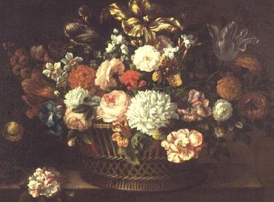 Pfingstrosen, Tulpen, Narzissen und andere Blumen in einem Korb von Jean Baptiste (attr. to) Monnoyer