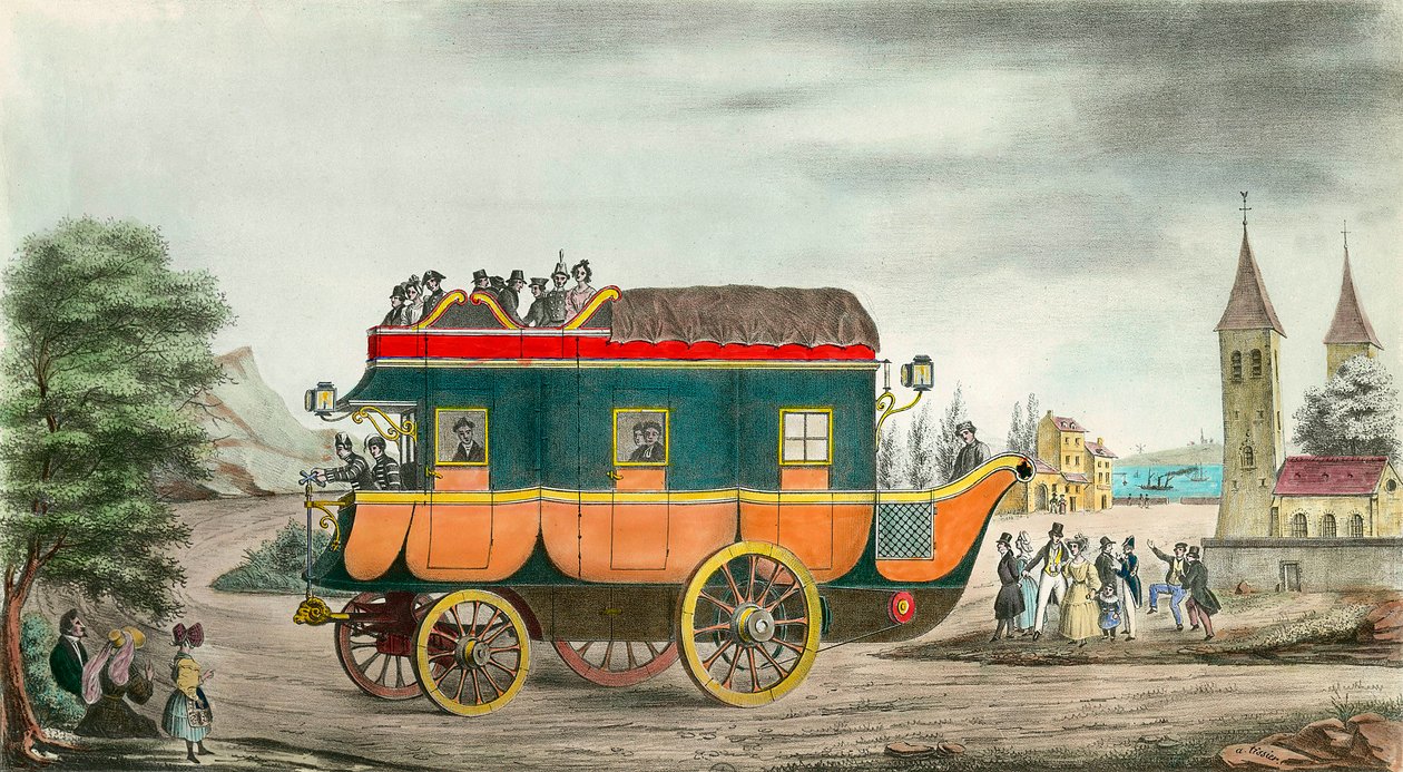 Das Auto (oder die Postkutsche) mit Dampf: Französische Erfindung von 1835. Gravur von Ange Tissier (1814-1876). 1835. Private Sammlung von Jean Baptiste Ange Tissier