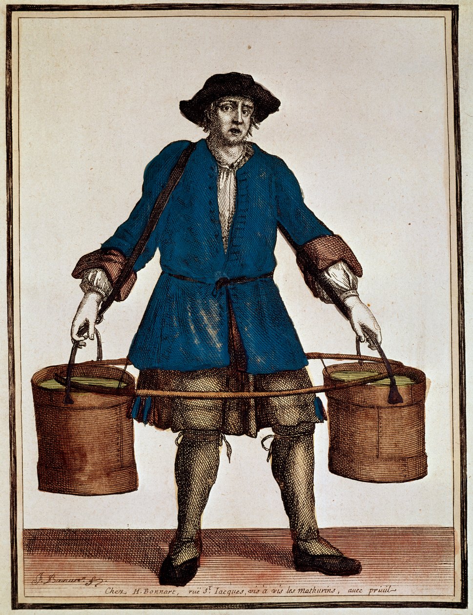 Wasserträger, Farbige Gravur von Henri Bonnart (1642-1711) und Jean Baptiste Bonnart (1654-1726), aus Recueil des modes de la cour de France von Jean Baptiste Bonnart