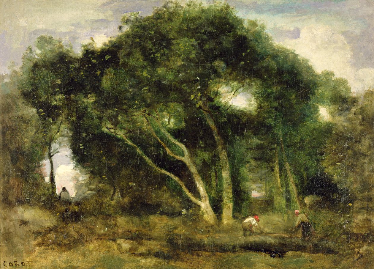 Fontainebleau: Geneigte Eichen in einer Waldlichtung, ca. 1830-40 von Jean Baptiste Camille Corot
