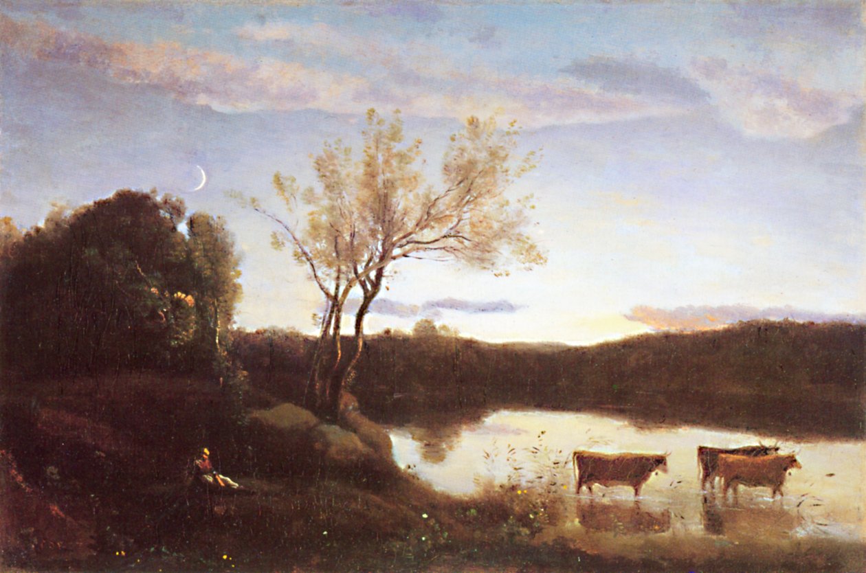 Der Teich, drei Kühe und ein Halbmond von Jean Baptiste Camille Corot
