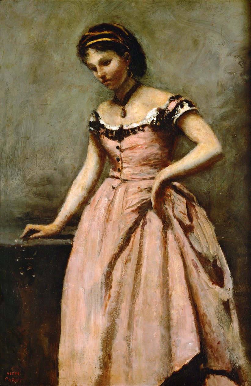 Mädchen im rosa Kleid mit Rosen und einer Perle von Jean Baptiste Camille Corot