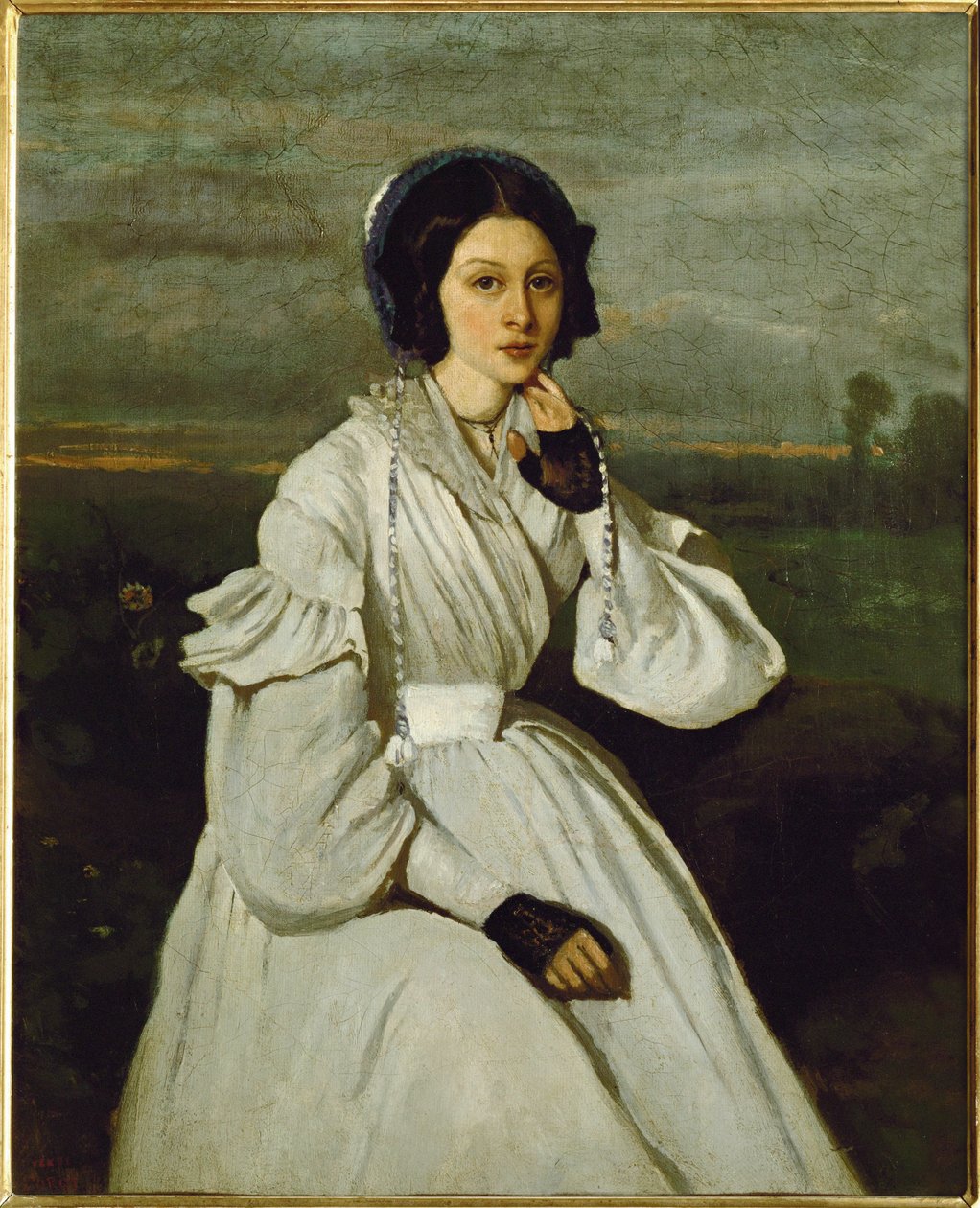 Mädchen im weißen Kleid in einer Landschaft von Jean Baptiste Camille Corot