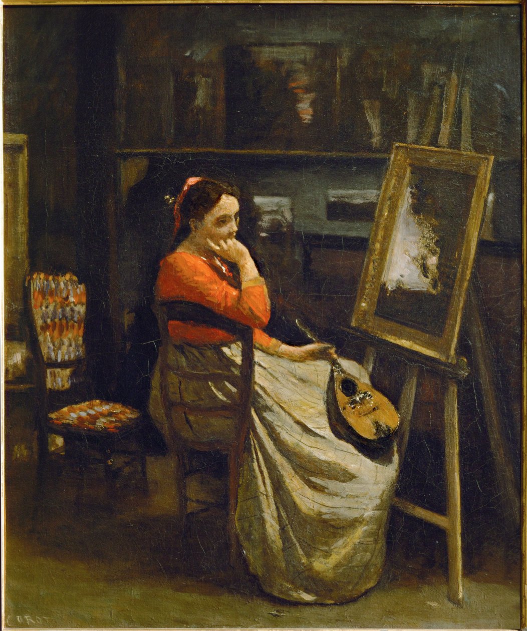 Das Atelier von Corot, junge Frau mit rotem Mieder von Jean Baptiste Camille Corot