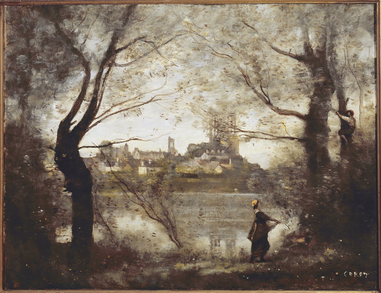 Mantes, Kathedrale und Stadt durch die Bäume gesehen, Abend von Jean Baptiste Camille Corot