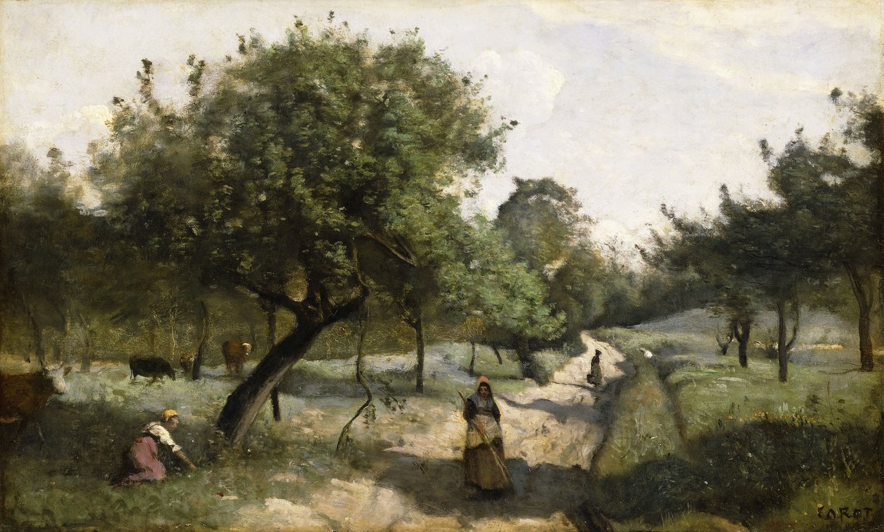Pfad mit Apfelbäumen, 1850-60 von Jean Baptiste Camille Corot