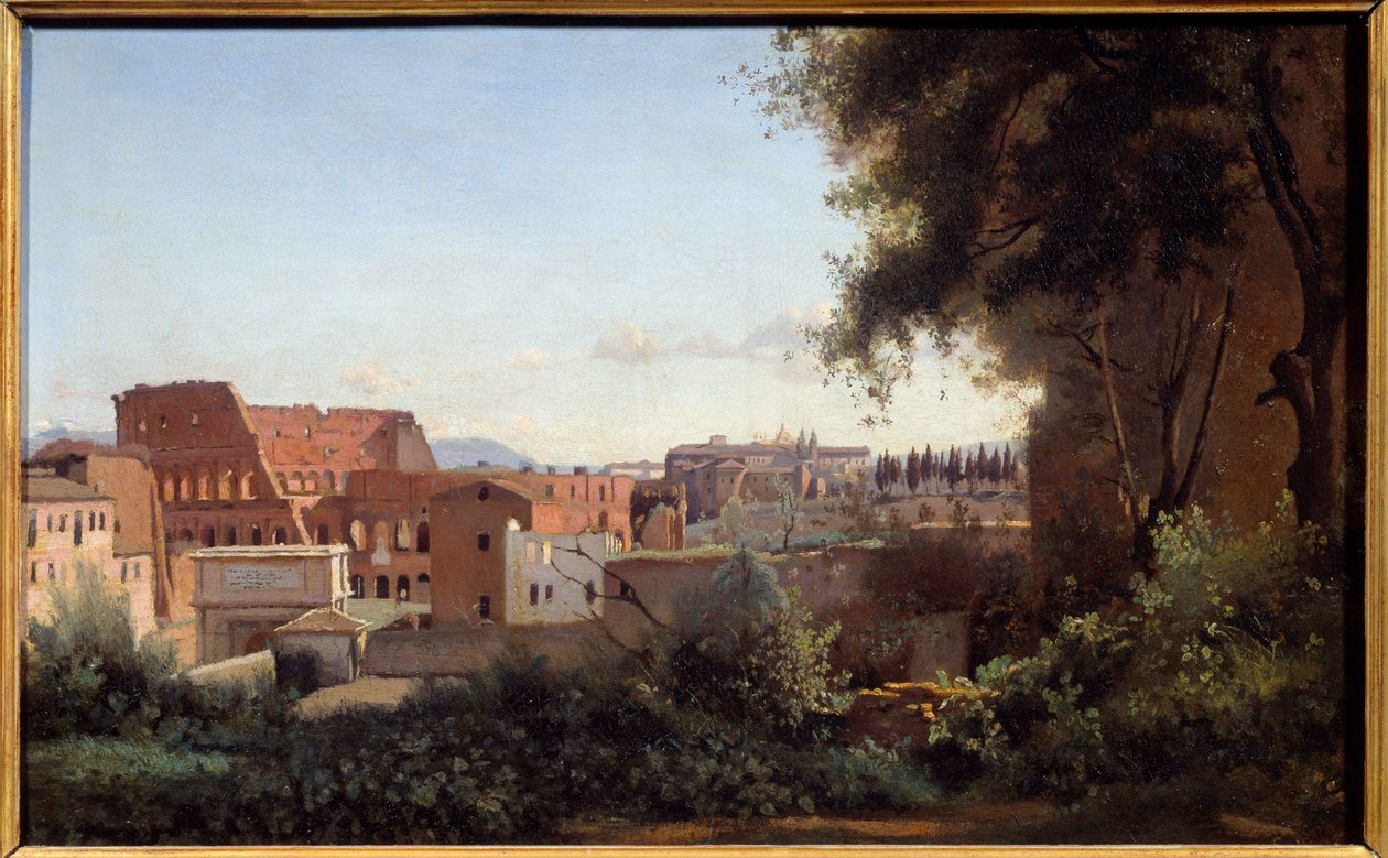 Blick auf das Kolosseum in Rom von den Farnese-Gärten. Gemälde von Camille Corot (1796-1875) 1826 von Jean Baptiste Camille Corot