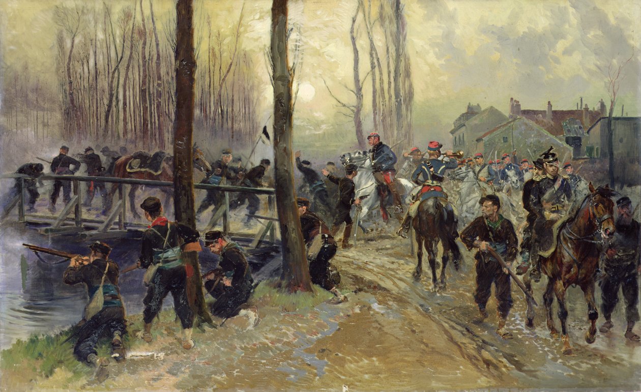 Hinterhalt in der Nähe einer von Truppen verteidigten Brücke, früher Morgen, 1870 von Jean Baptiste Edouard Detaille