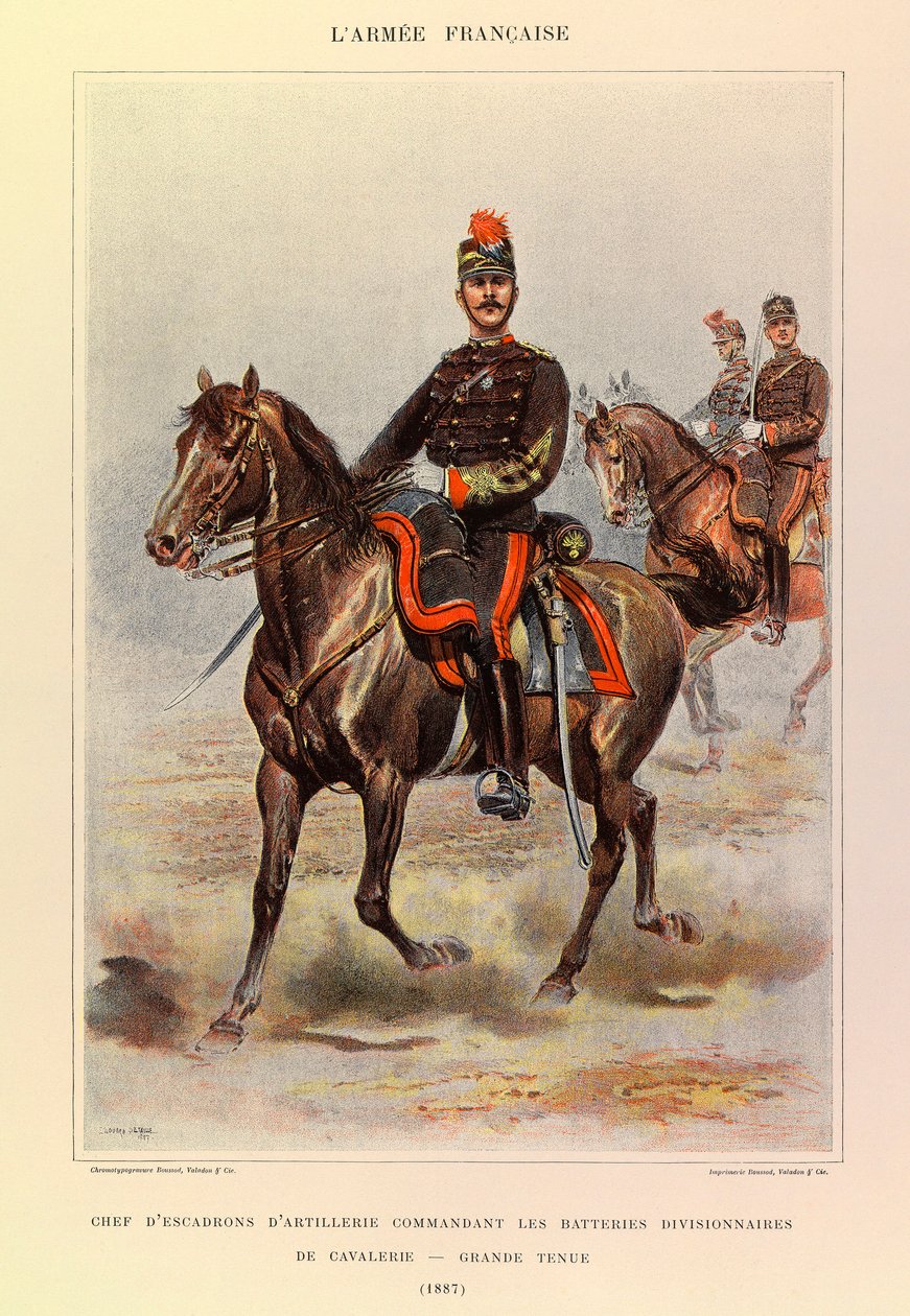 Typen und Uniformen der französischen Armee von Hauptmann Jules Richard, illustriert von Edouard Detaille (1848-1912): Chef der Artillerie-Eskadron, der die Divisions-Kavallerie-Batterien in großer Uniform im Jahr 1887 kommandiert, Privatbesitz von Jean-Baptiste Edouard Detaille