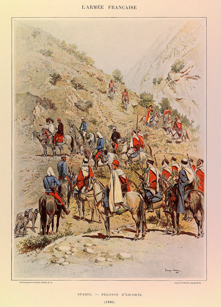 Typen und Uniformen der französischen Armee von Hauptmann Jules Richard, illustriert von Edouard Detaille: Spahis; Eskortzug 1886 von Jean-Baptiste Edouard Detaille