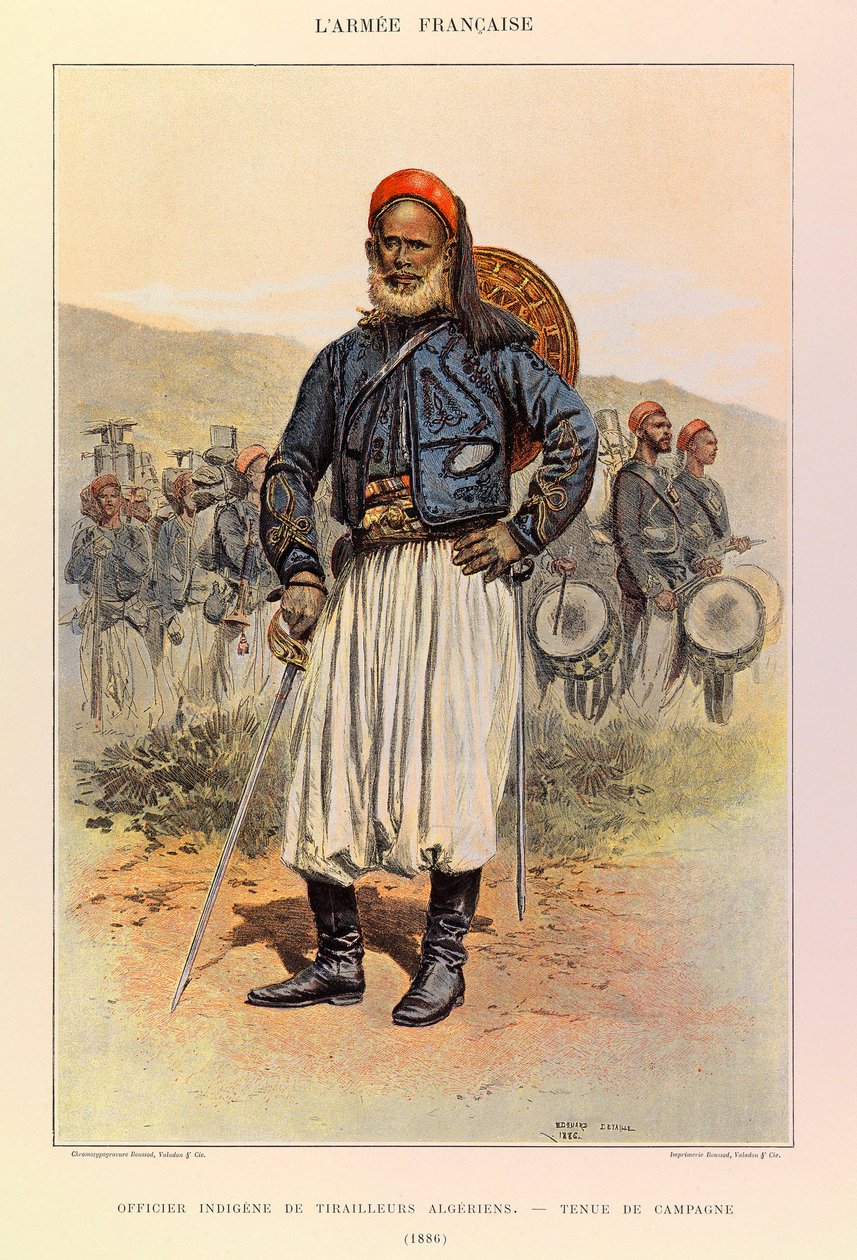 Typen und Uniformen der französischen Armee von Hauptmann Jules Richard, illustriert von Edouard Detaille (1848-1912): Einheimischer Offizier der algerischen Tuniors in Felduniform im Jahr 1886, Privatbesitz von Jean-Baptiste Edouard Detaille