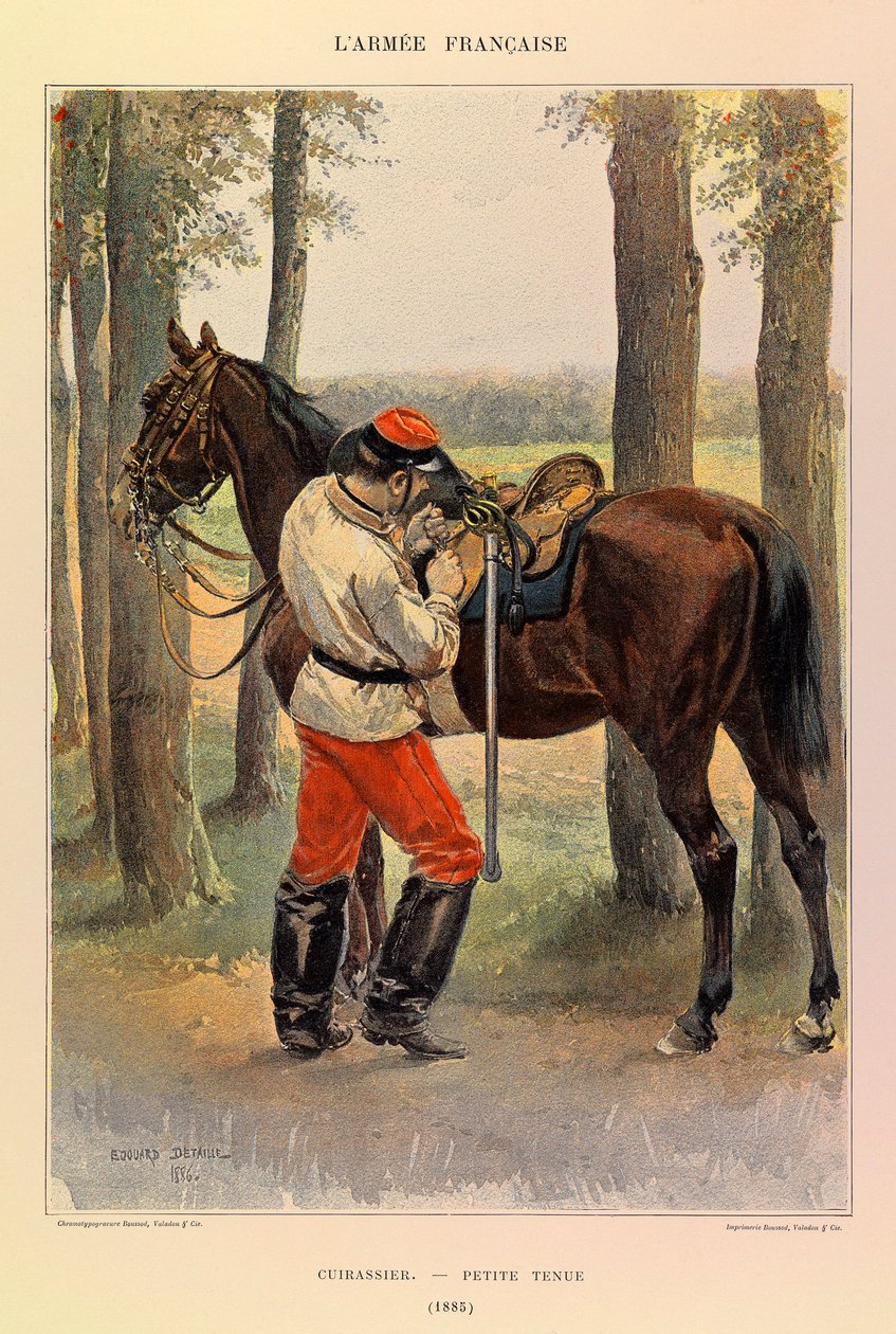 Typen und Uniformen der französischen Armee von Hauptmann Jules Richard, illustriert von Edouard Detaille: Kürassier in kleiner Uniform 1885, Private Sammlung von Jean-Baptiste Edouard Detaille
