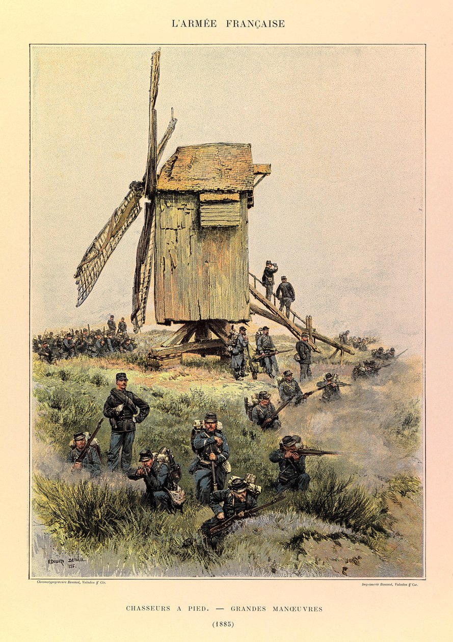 Typen und Uniformen der französischen Armee von Hauptmann Jules Richard, illustriert von Edouard Detaille: Jäger zu Fuß; die großen Manöver 1885, Private Sammlung von Jean-Baptiste Edouard Detaille