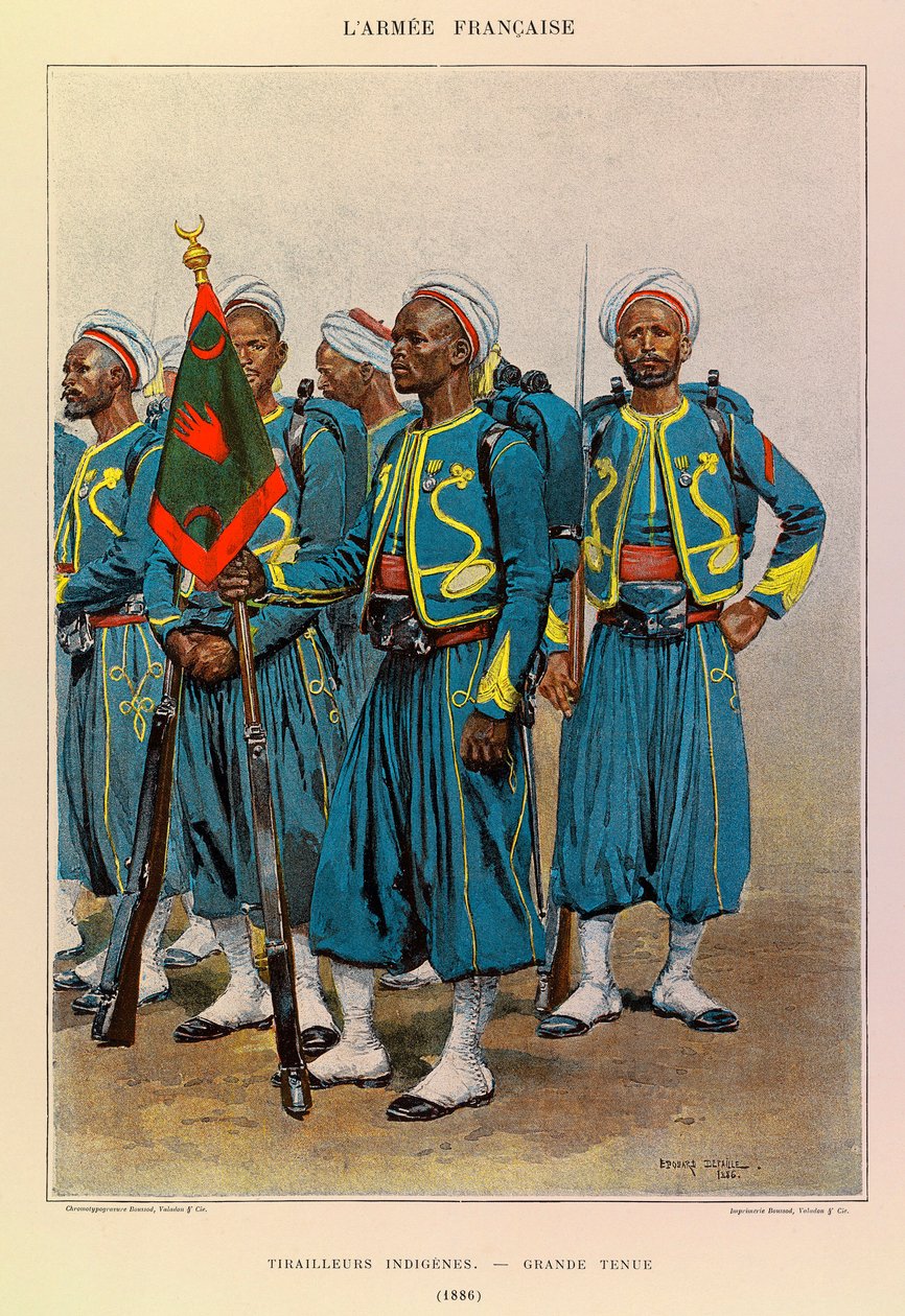Typen und Uniformen der französischen Armee von Hauptmann Jules Richard, illustriert von Edouard Detaille (1848-1912): Einheimische Tirailleurs in großer Montur im Jahr 1886, Private Sammlung von Jean-Baptiste Edouard Detaille
