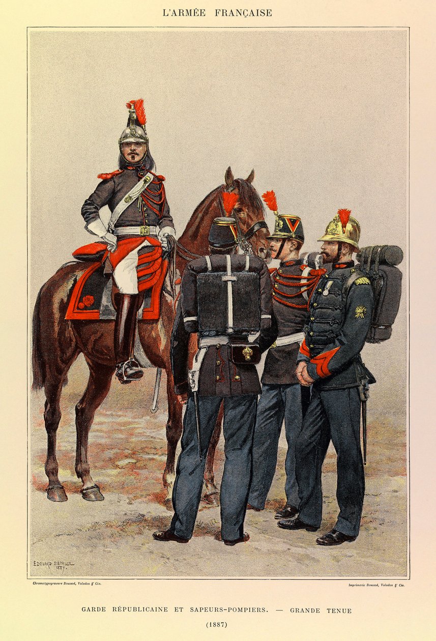 Typen und Uniformen der französischen Armee von Hauptmann Jules Richard, illustriert von Edouard Detaille: Republikanische Garde und Feuerwehrleute in großer Uniform 1887 von Jean-Baptiste Edouard Detaille