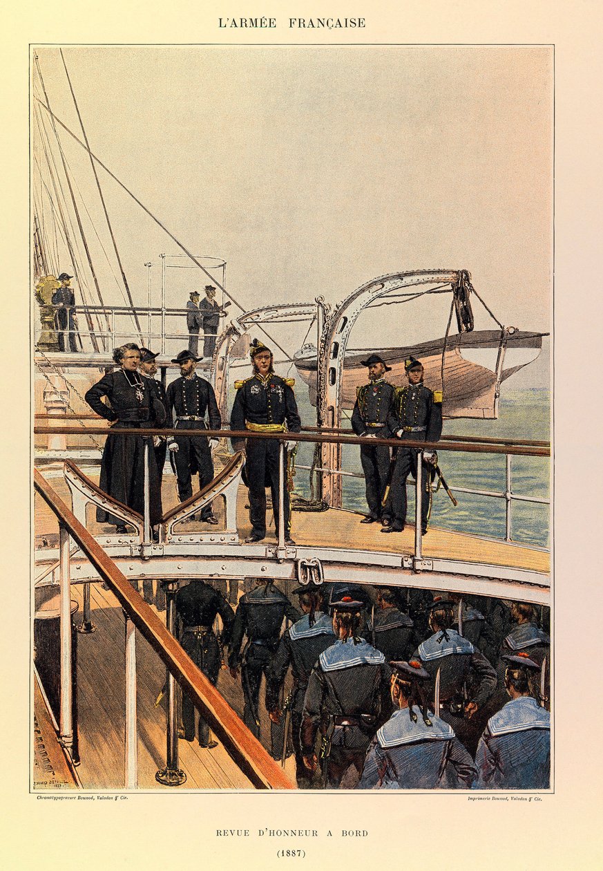 Typen und Uniformen der französischen Armee von Kapitän Jules Richard, illustriert von Edouard Detaille: Marine: Ehrenrevue an Bord 1887, Privatbesitz von Jean-Baptiste Edouard Detaille