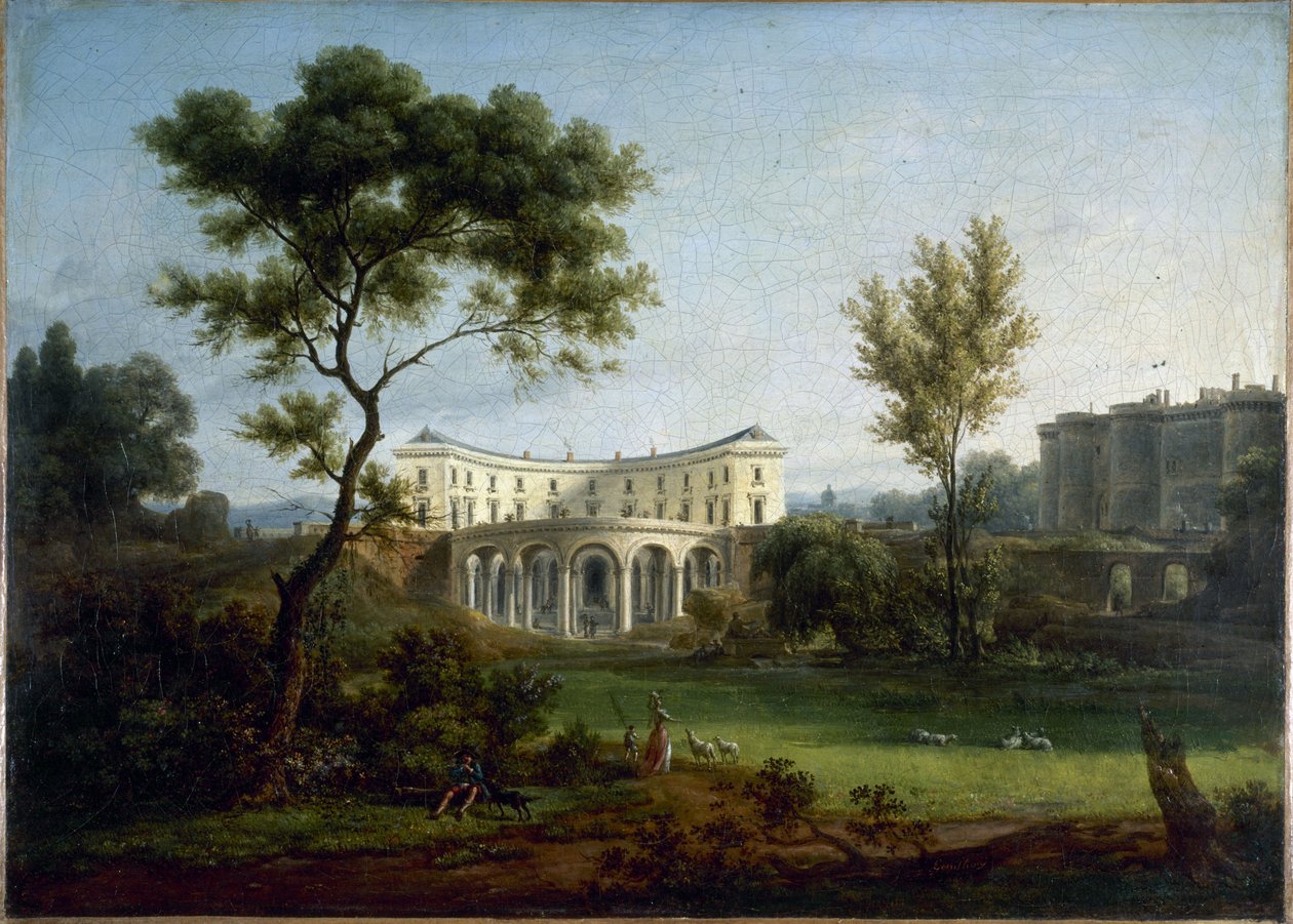 Das Haus von Beaumarchais und die Bastille, ca. 1788 von Jean Baptiste Genillion