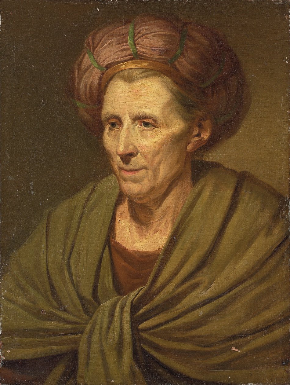Porträt einer Frau, brustlang, mit braunem Turban und grünem Schal von Jean Baptiste Greuze
