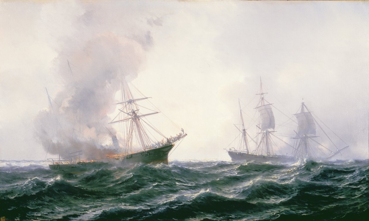Ein Schiff in Brand auf See, mit einem anderen Schiff in der Nähe von Jean Baptiste Henri Durand Brager