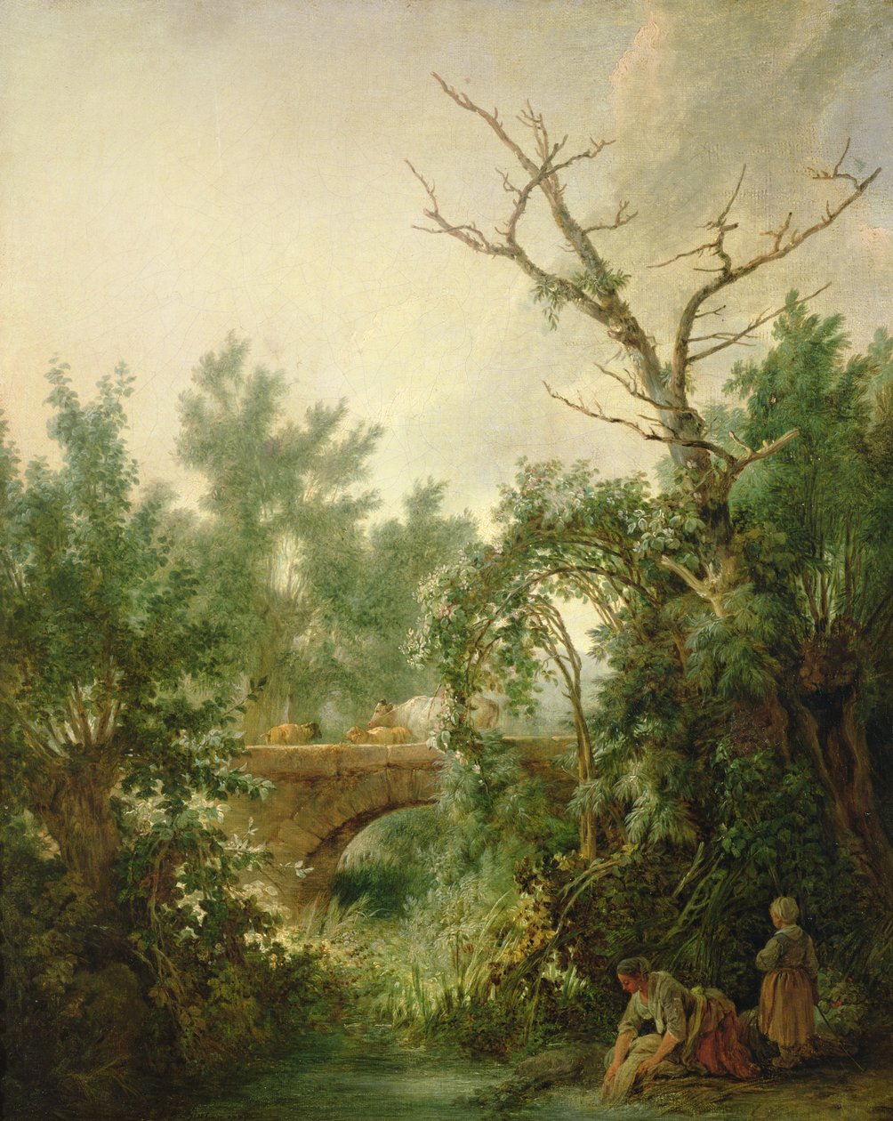 Bäuerin wäscht Kleidung in der Nähe einer Brücke von Jean Baptiste Huet