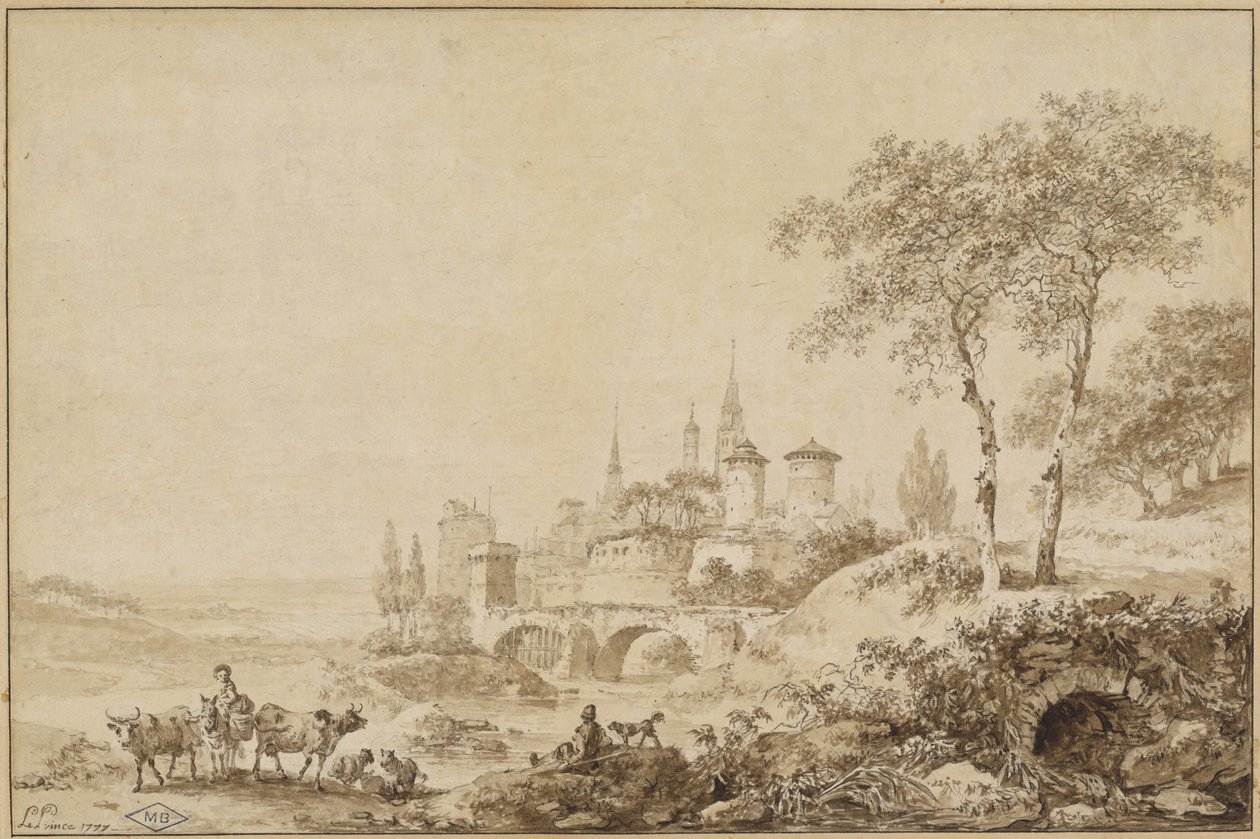 Hirten in einer Landschaft vor einer befestigten Stadt von Jean Baptiste Le Prince