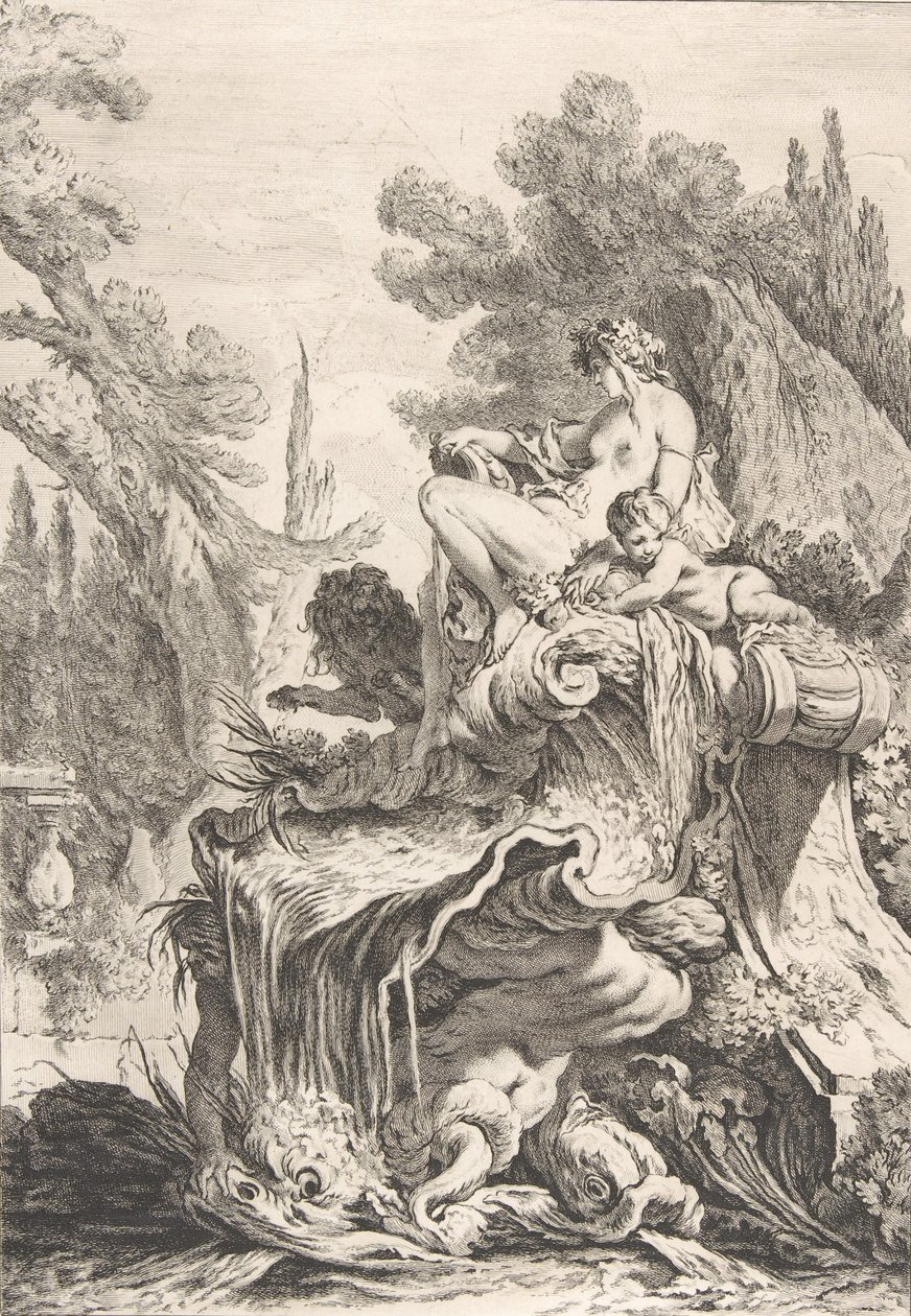 Die sitzende Nymphe Une fontaine avec une naïade assise sur une conque, ca. 1740 von Jean Baptiste Marie Pierre