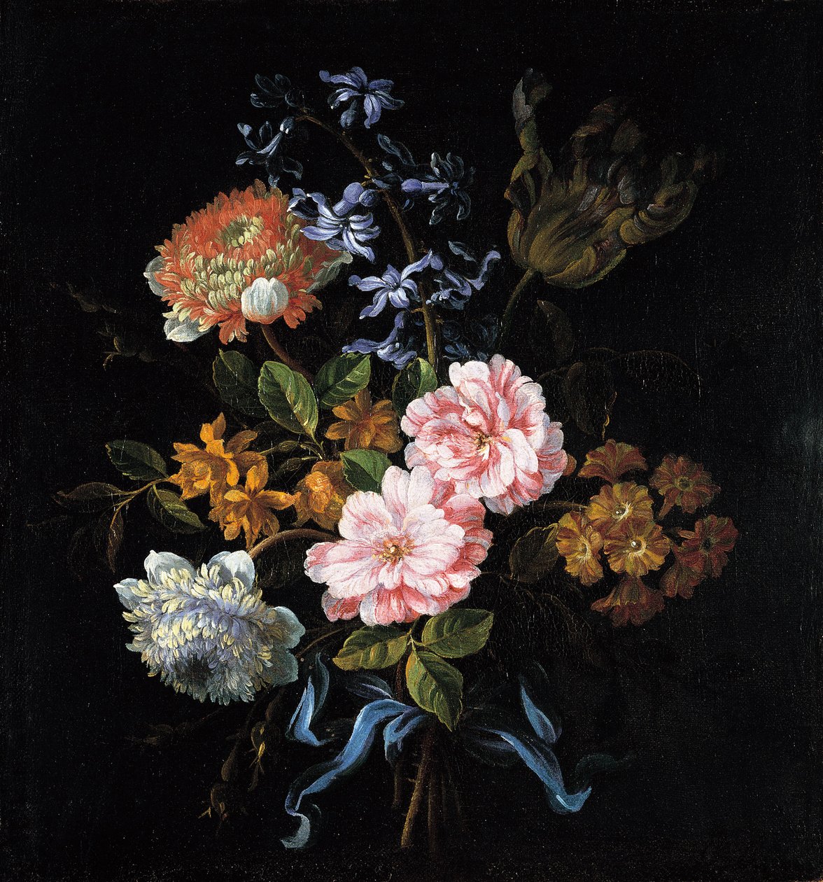 Blumenstrauß aus Mohnanemonen, Rosen, Doppelkampernelle, einer Hyazinthe, einer Tulpe und Aurikel, gebunden mit einem Band von Jean Baptiste Monnoyer