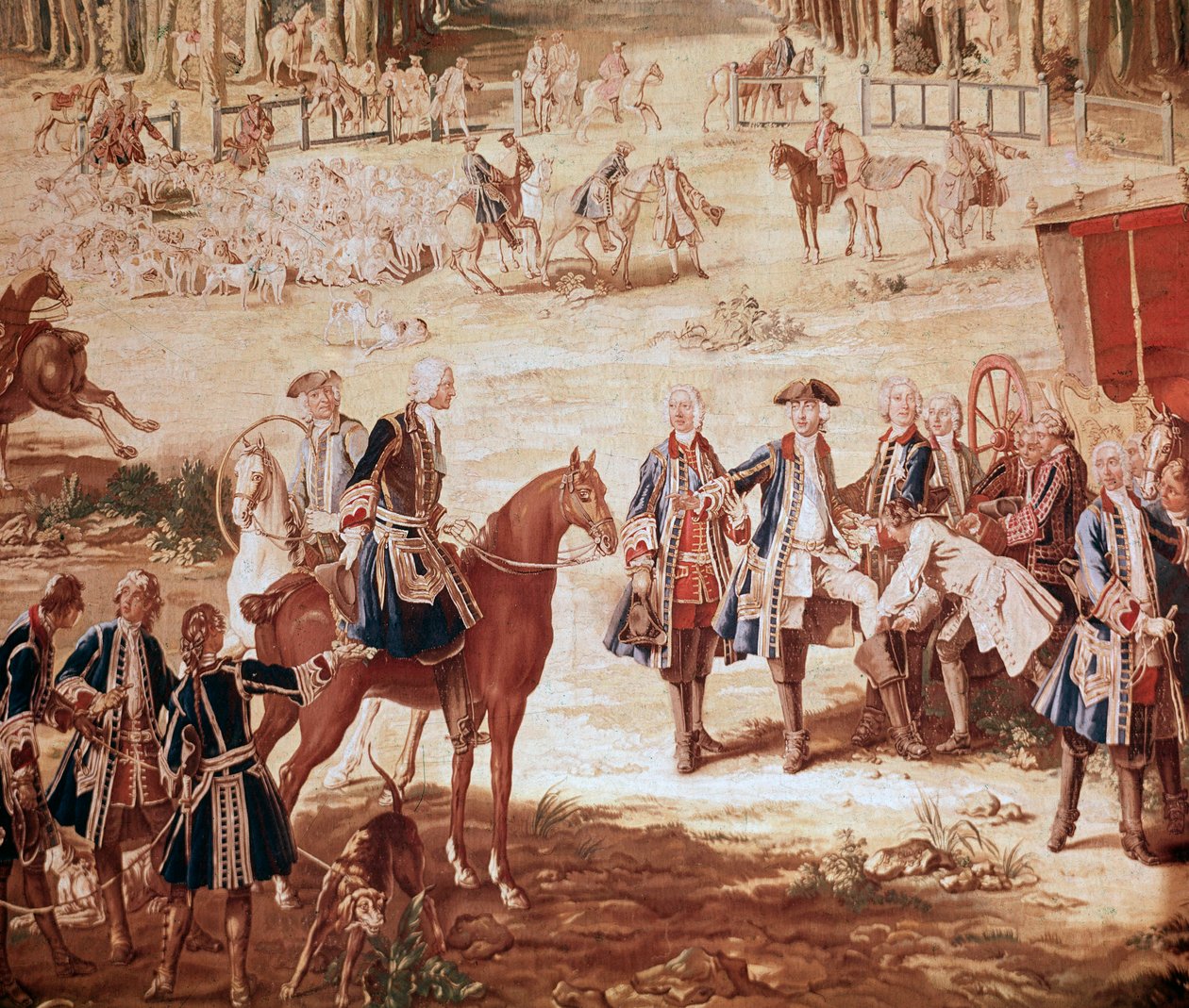 Jagd von Ludwig XV. König Ludwig XV. jagt im Wald von Compiègne (Die Jagd von Ludwig XV. - Wandteppich) der Beginn des Rudels (Detail) von Jean Baptiste Oudry
