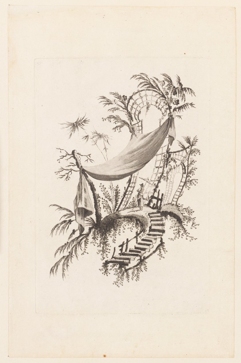 Figur unter Zelt, aus "Recueil des Tentes Chinoises" von Jean Baptiste Pillement