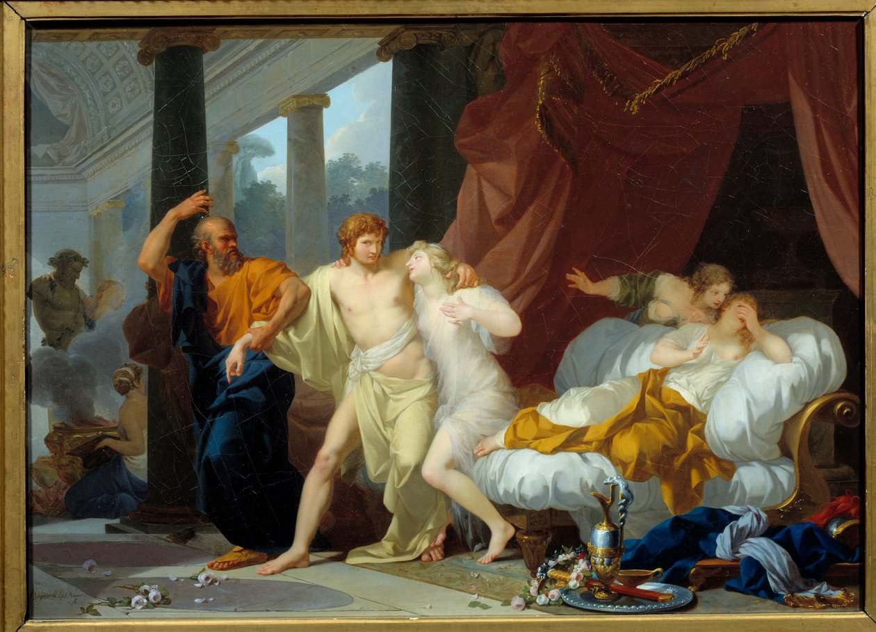 Sokrates zieht Alkibiades aus dem Schoß der Wollust. Der Philosoph Sokrates führt seinen Schüler Alkibiades (450-404 v. Chr.) von den Orten des Verderbens weg. Gemälde von Jean Baptiste Regnault (1754-1829) 1791 von Jean Baptiste Regnault