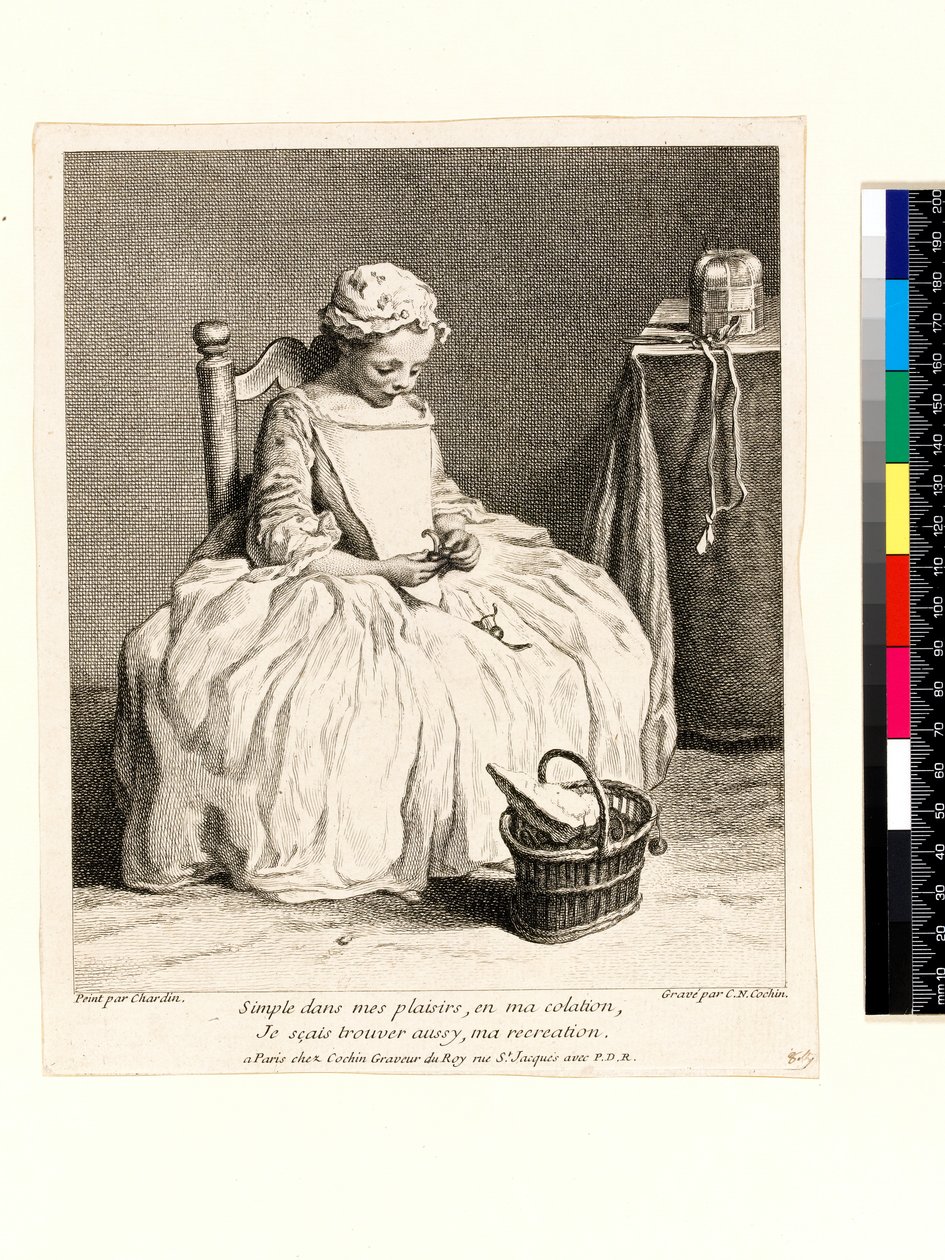 Kleines Mädchen mit ihrem Mittagessen (La Petite Fille aux Cerises) graviert von Charles Nicolas Cochin I (1688-1754) 1738 von Jean Baptiste Simeon (after) Chardin