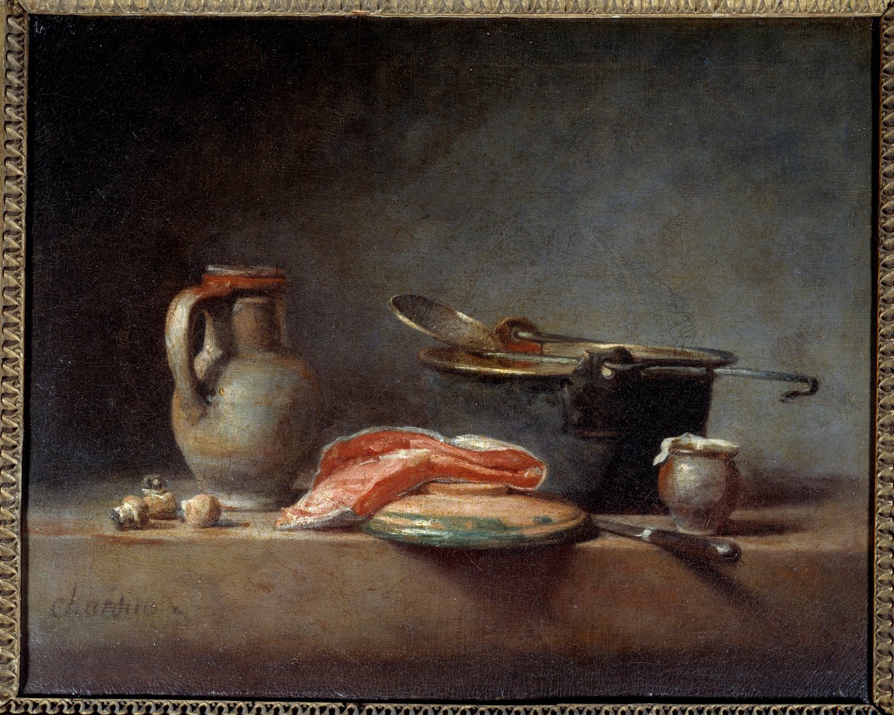Kupfertopf, Schöpflöffel, Krug und Lachsscheibe von Jean Baptiste Simeon Chardin