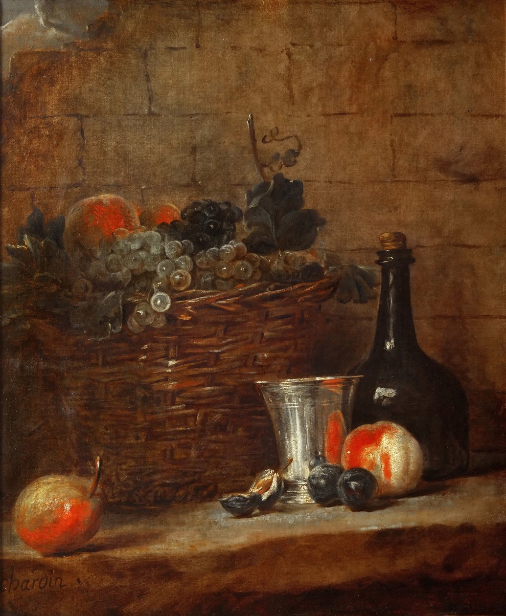 Obstkorb mit Trauben, einem Silberkelch und einer Flasche, Pfirsiche, Pflaumen und eine Birne von Jean Baptiste Simeon Chardin