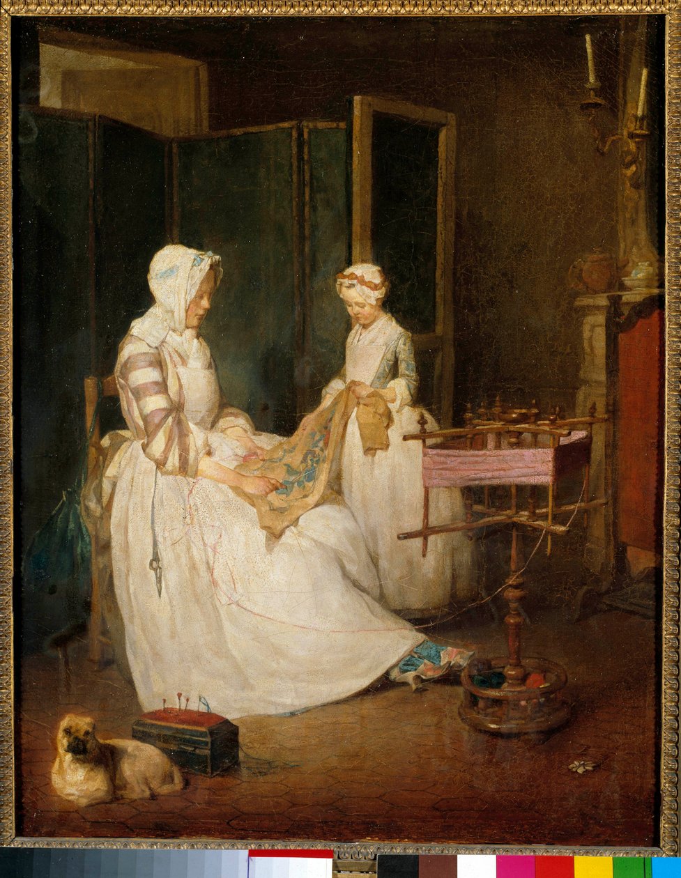 Die arbeitende Mutter, eine Mutter, die von ihrer Tochter beim Sticken und Verwenden eines Käseschneiders unterstützt wird von Jean Baptiste Simeon Chardin