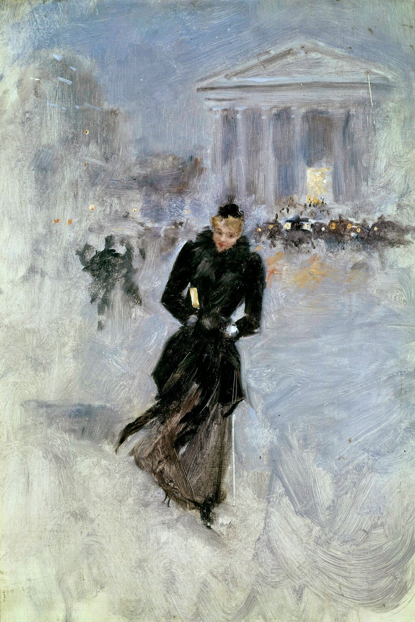Junge elegante Frau mit Boa in der Rue Royale in Paris. Gemälde von Jean Béraud. Tours, Musée des Beaux Arts von Jean Beraud