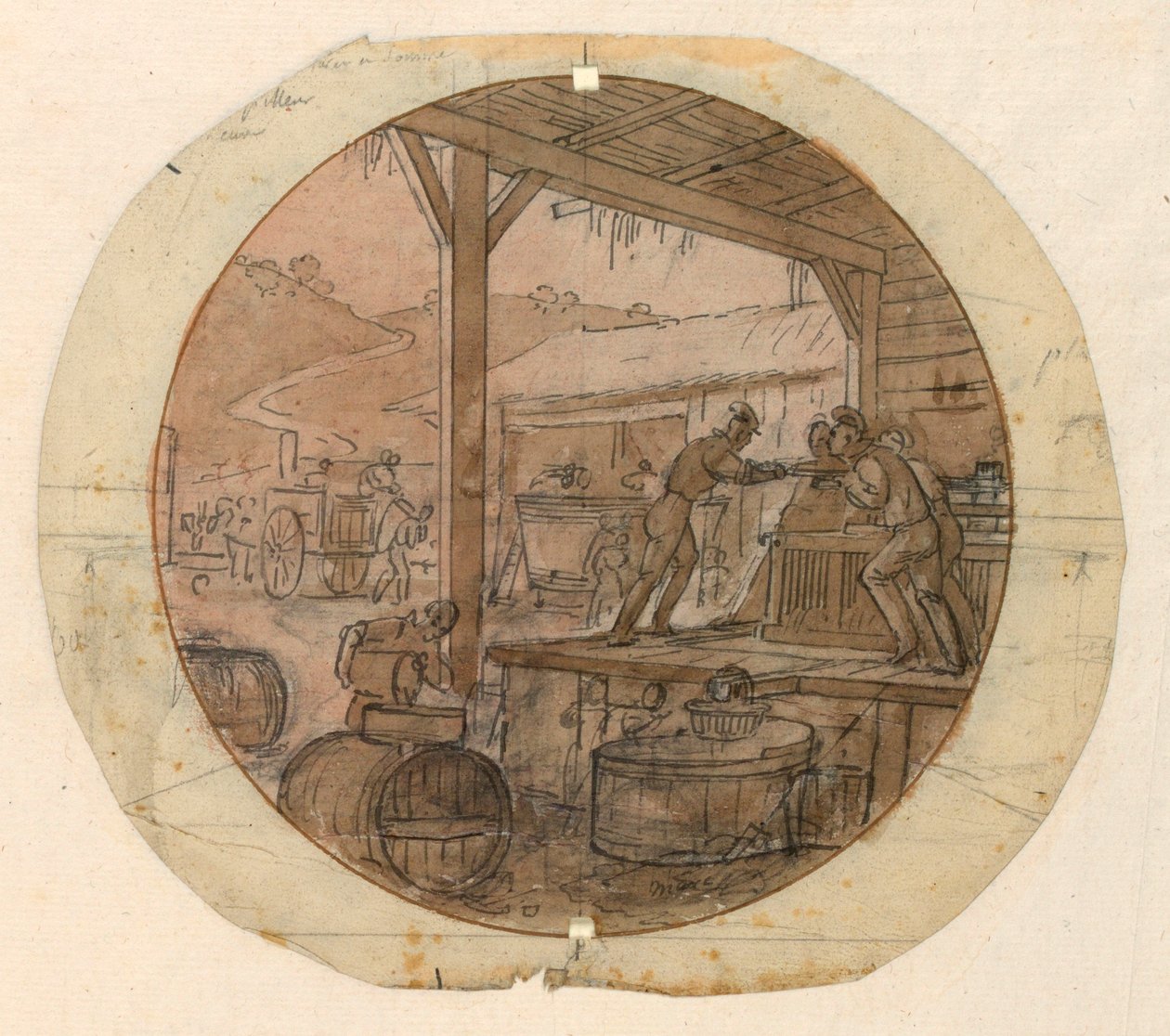 Entwurf für einen bemalten Porzellanteller, Be- oder Entladen von Waren, 1820–35 von Jean Charles Develly