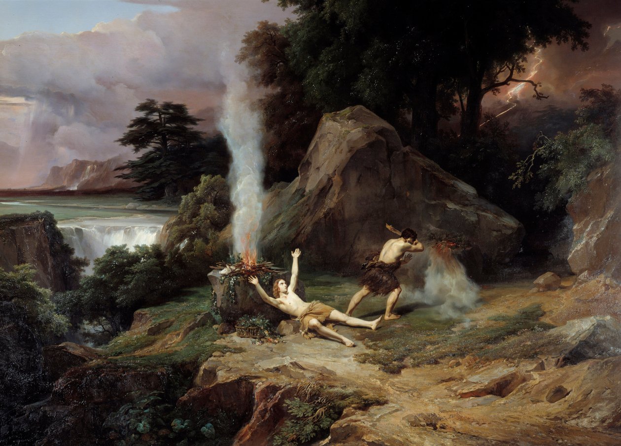 Abel Kains Tod, eifersüchtig, tötet seinen Bruder Abel. Gemälde von Jean Charles Remond (1795-1875) 1838 von Jean Charles Joseph Rémond