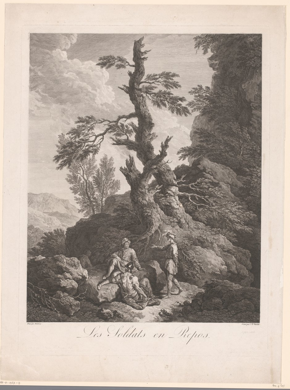Ruhende Soldaten vor einem Baum in einer felsigen Landschaft von Jean Charles Levasseur