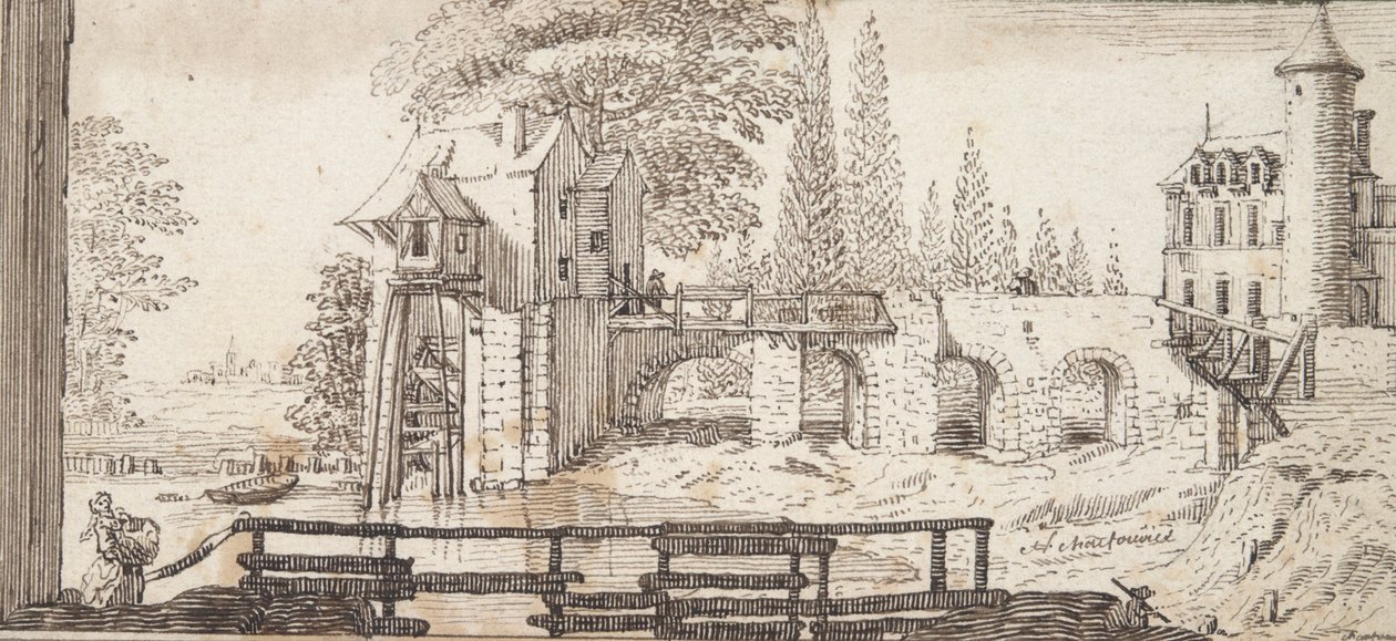 Ländliche Szene mit Mühle und Teich von Jean Chaufourier