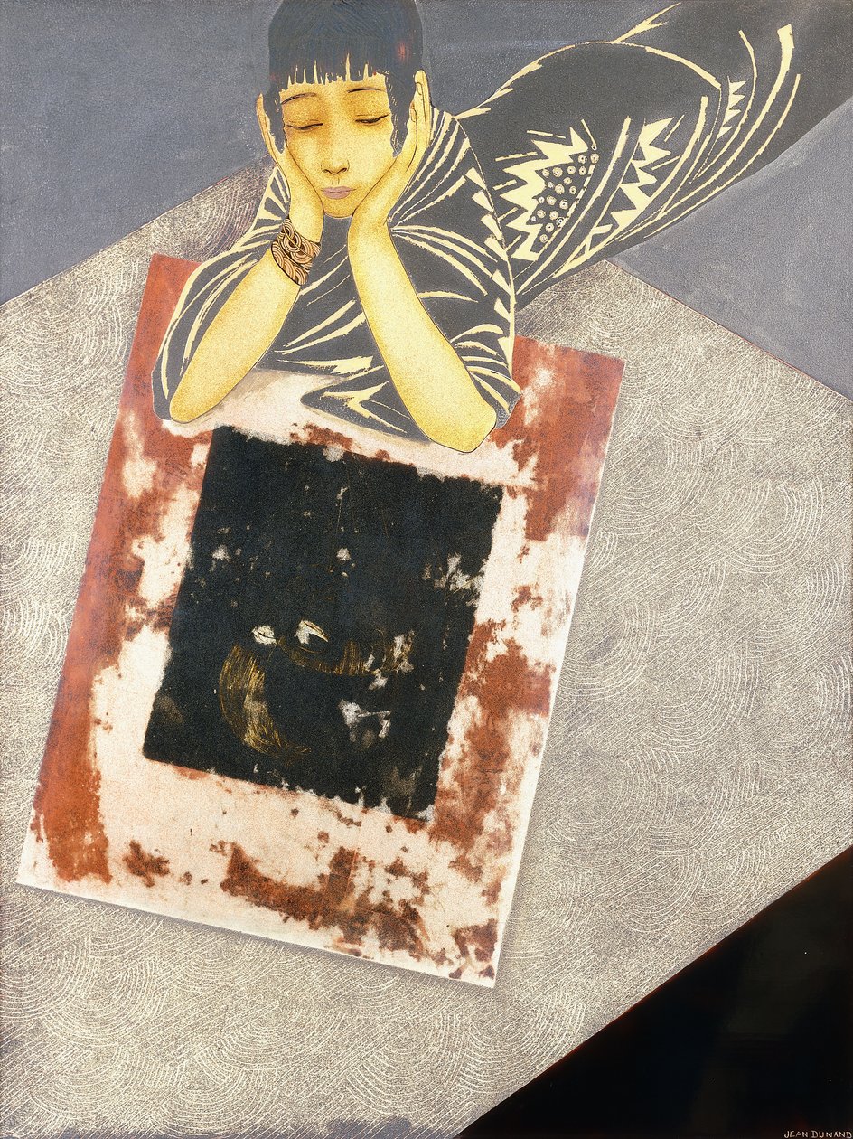 Ein goldenes Mädchen, ausgestreckt auf dem Boden und auf die Ellbogen gestützt von Jean Dunand